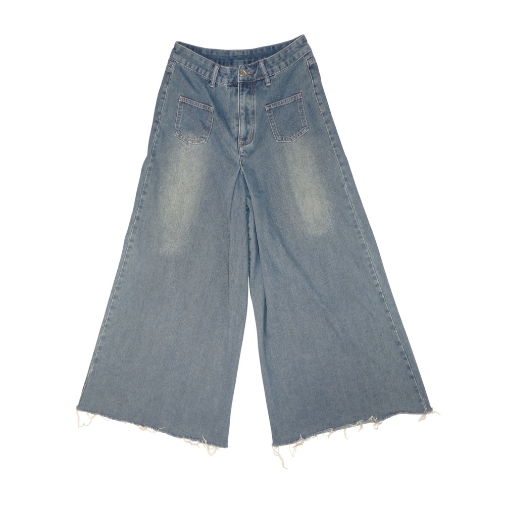 Y2K inspired Extreme‎ Wide Leg Denim Jeans Cropped Raw Hem On Trend